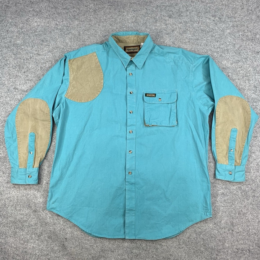 Vintage Remington Shirt Mens XXL Teal Shooting Patch Hunting Made in USA 80s